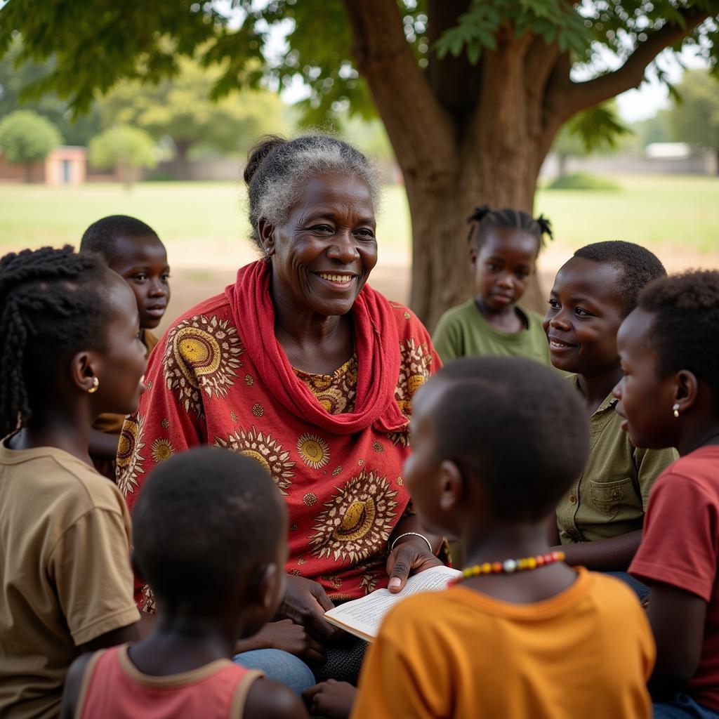  A 70 year old African woman surrounded by children engrossed in her storytelling