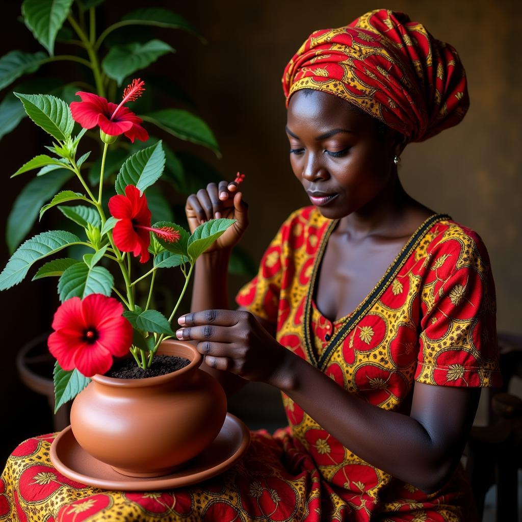 An African woman delicately arranging vibrant red hibiscus flowers for a traditional tea ceremony