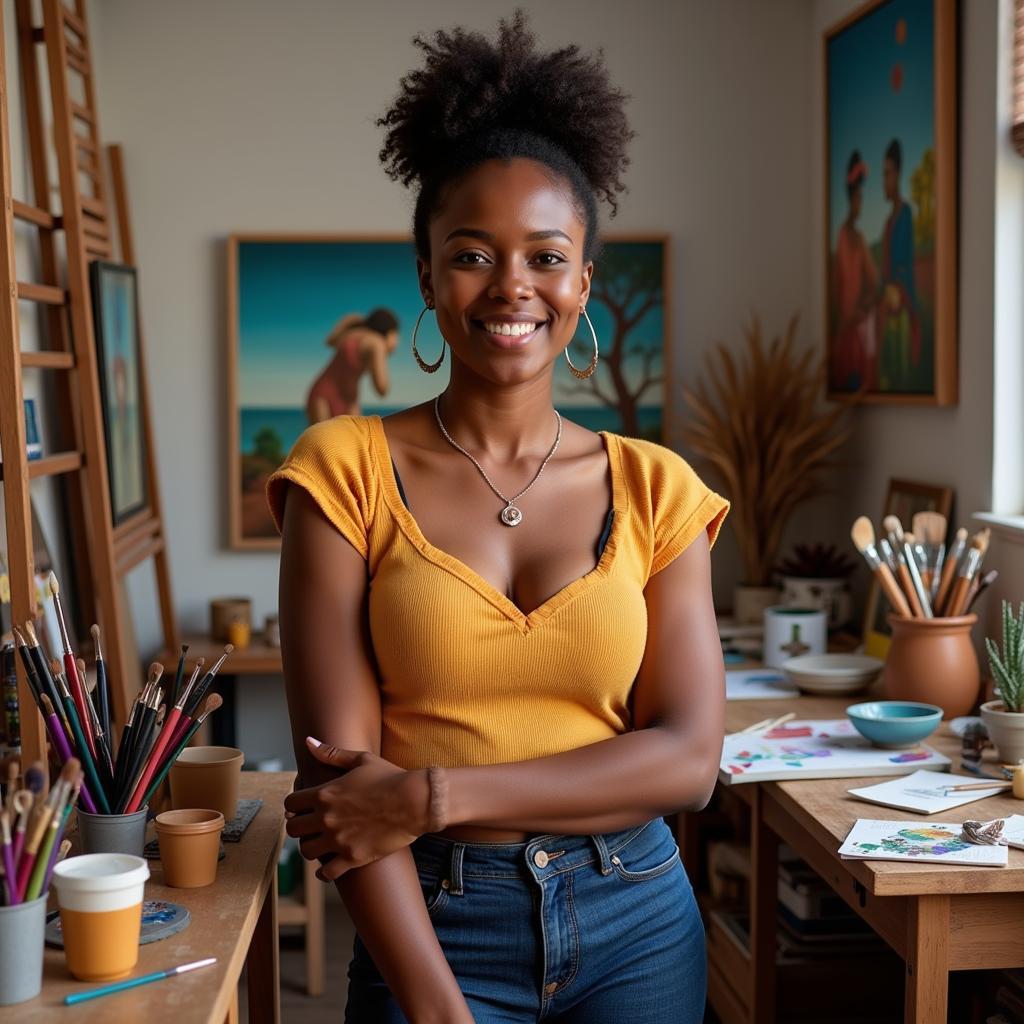 African Woman Artist Creating in Her Studio