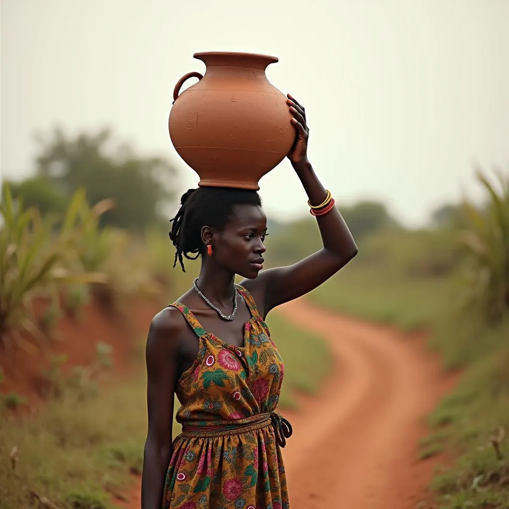 African Woman Carrying Water on Head