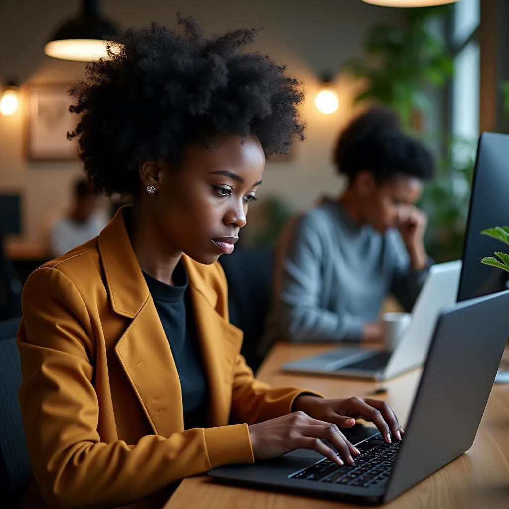 African Woman Coding on Laptop in Coworking Space