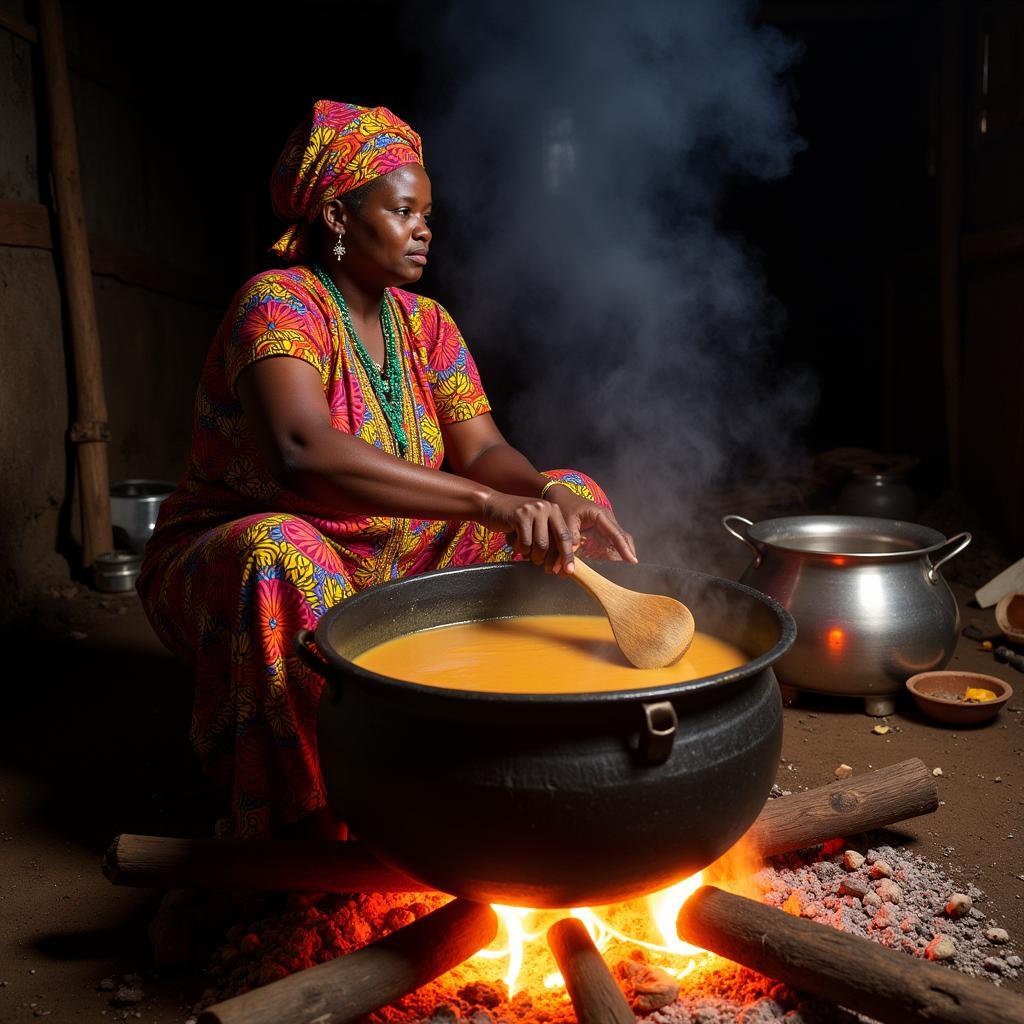 An African woman stirs a pot of peanut soup over an open fire