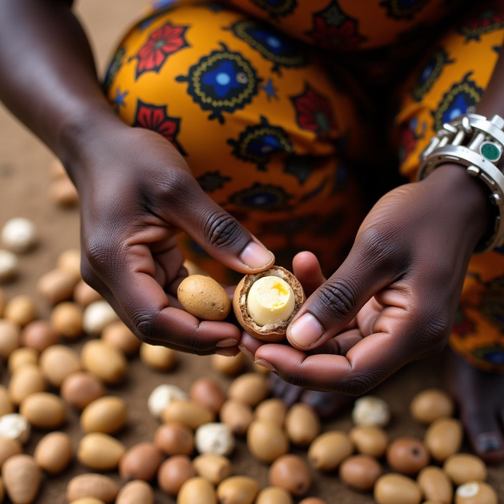 An African woman skillfully cracking open nuts using a traditional mortar and pestle