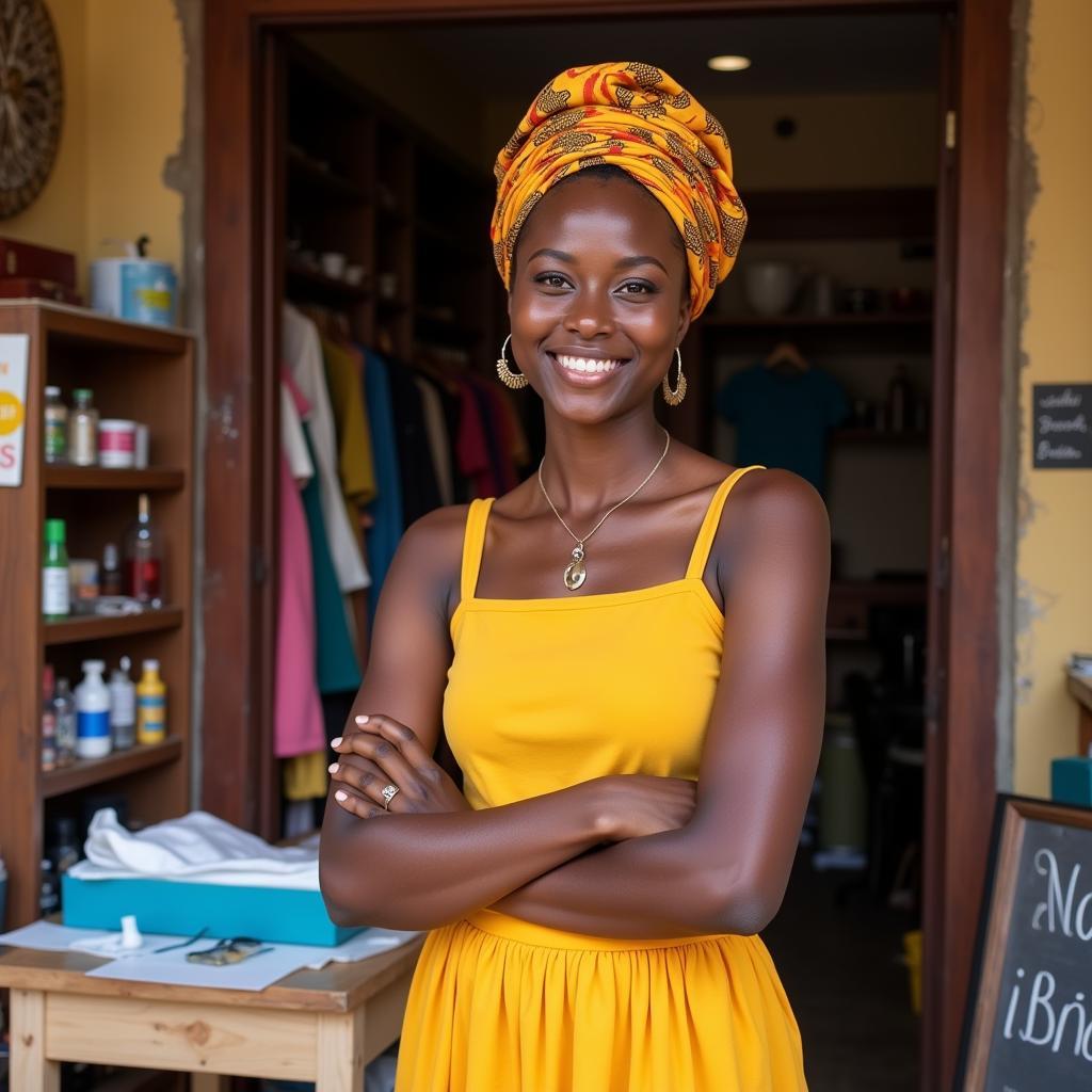 Smiling Woman Stands Confidently in Front of Her Business