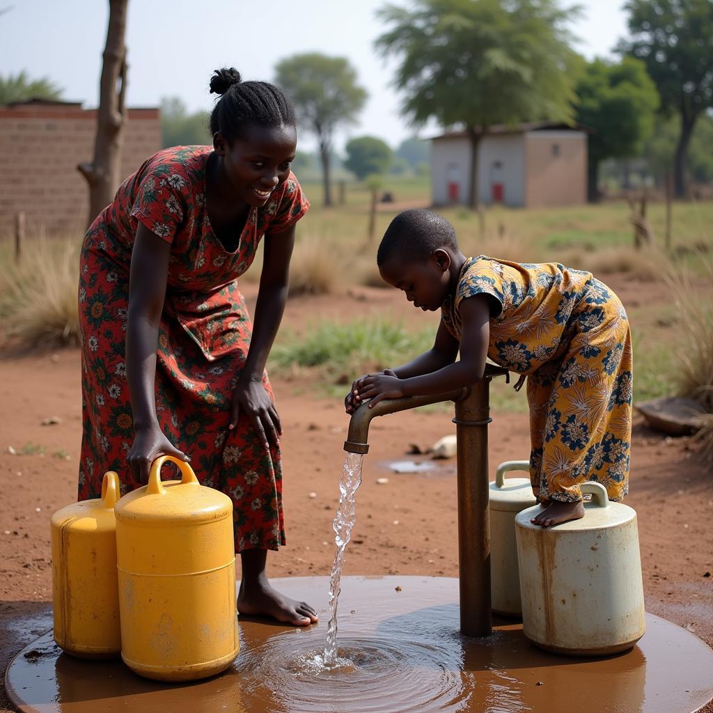 An African woman collects water from a communal tap in a densely populated area