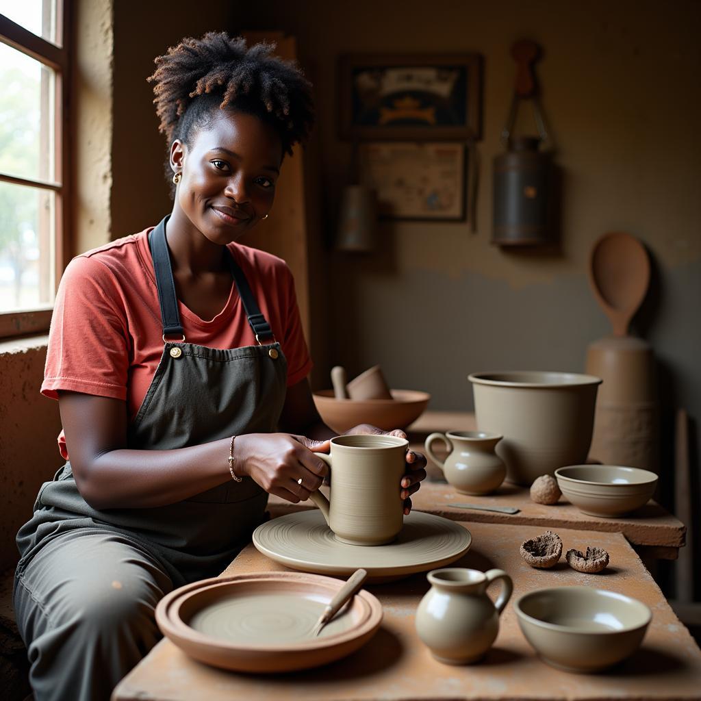 African woman meticulously handcrafting a coffee mug