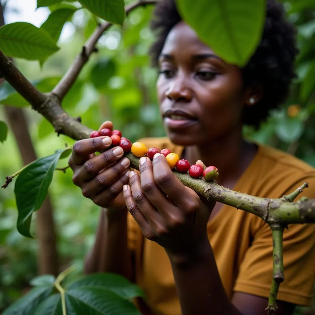 African Woman Harvesting Coffee Beans