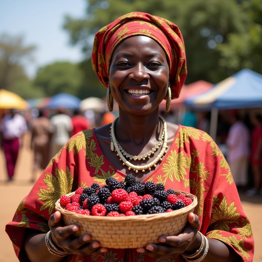 An African woman smiles as she holds a basket full of freshly harvested berries