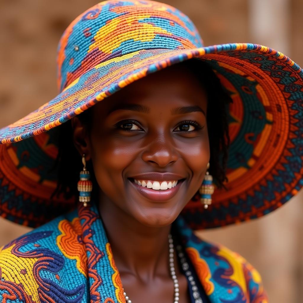 African Woman with Huge Hat Made of Colorful Fabric