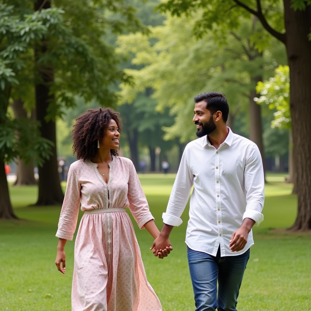 An African woman and an Indian man walking hand-in-hand in a park in Bangalore