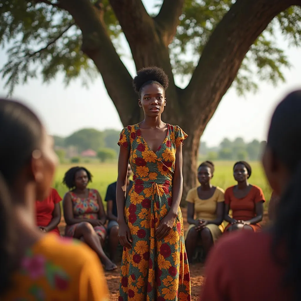 African woman leading a community discussion