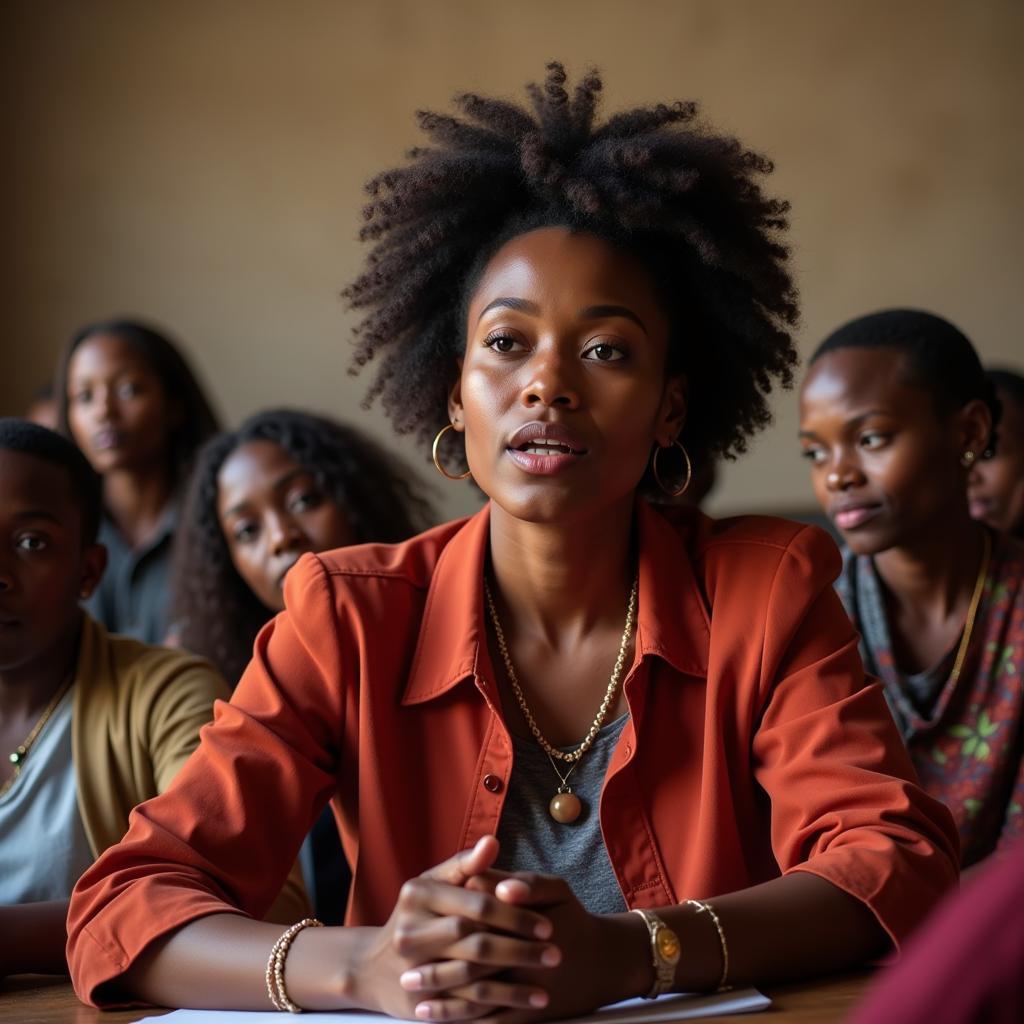 African Woman Leading a Community Meeting