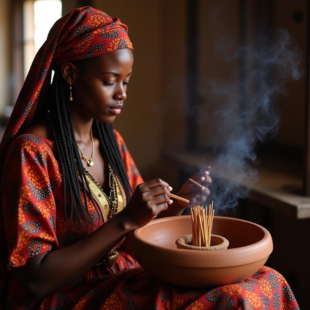 An African woman lighting incense in a traditional home setting