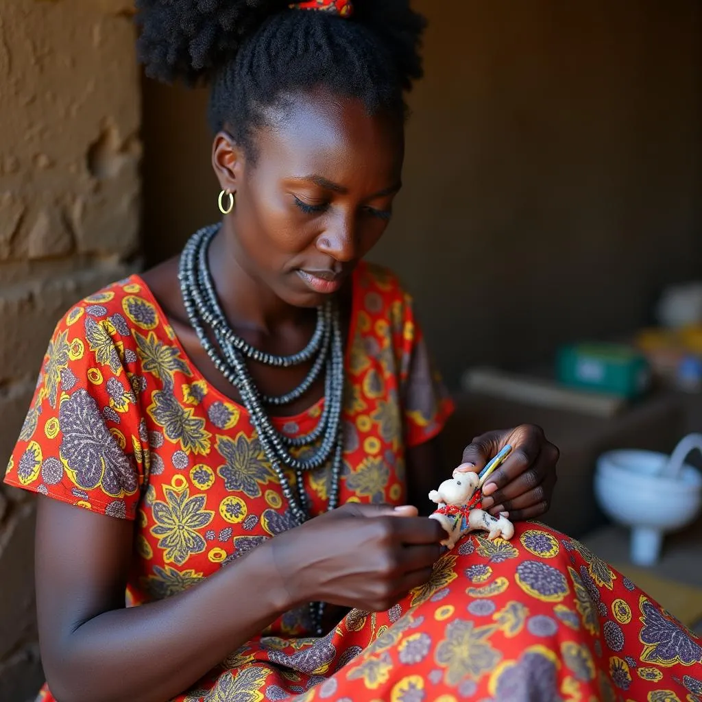 An African woman making a cloth toy