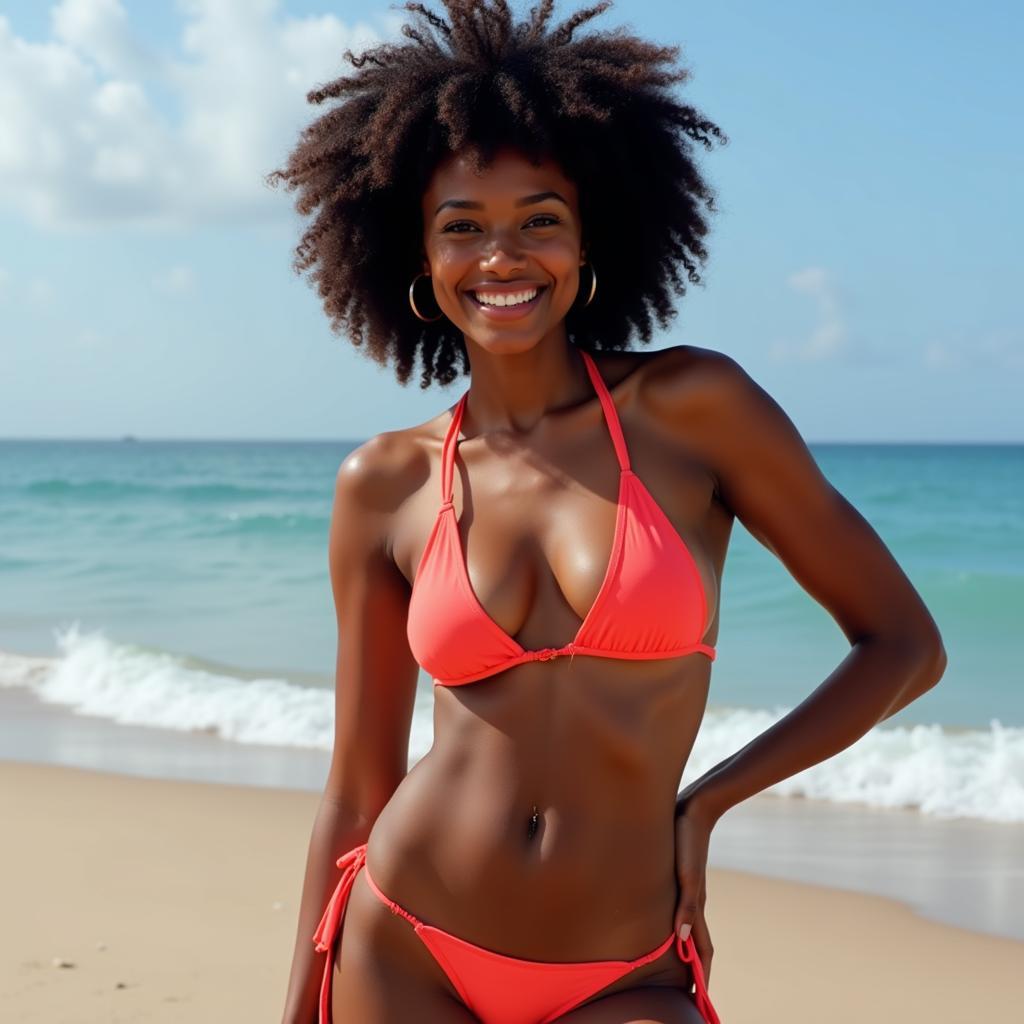  A beautiful dark-skinned woman in a bright bikini stands confidently on a beach, smiling at the camera. 