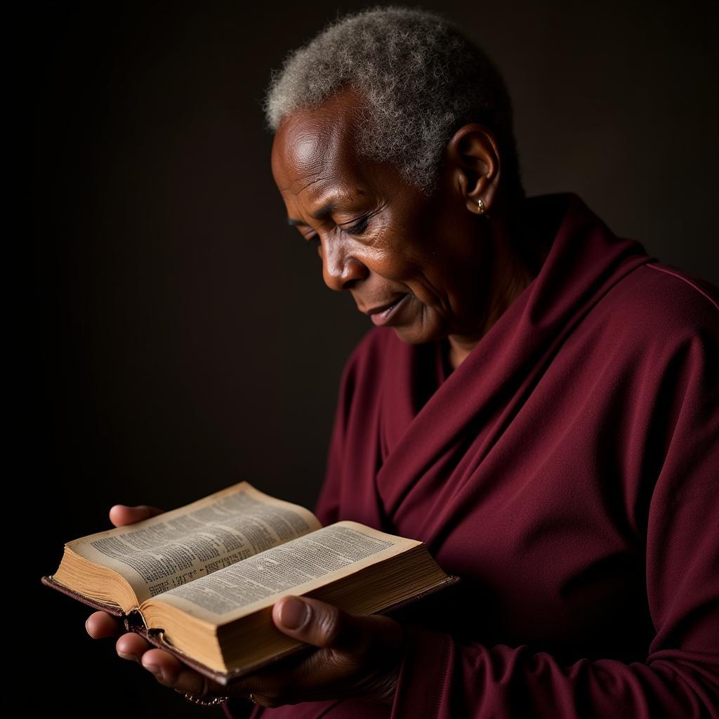 African woman praying with Bible in hand