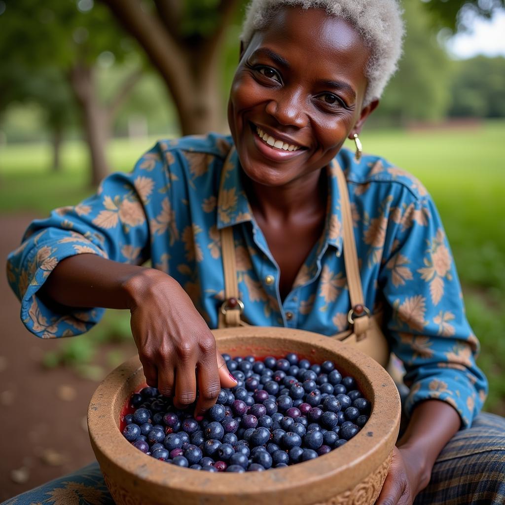 African Woman Preparing African Blueberry Juice