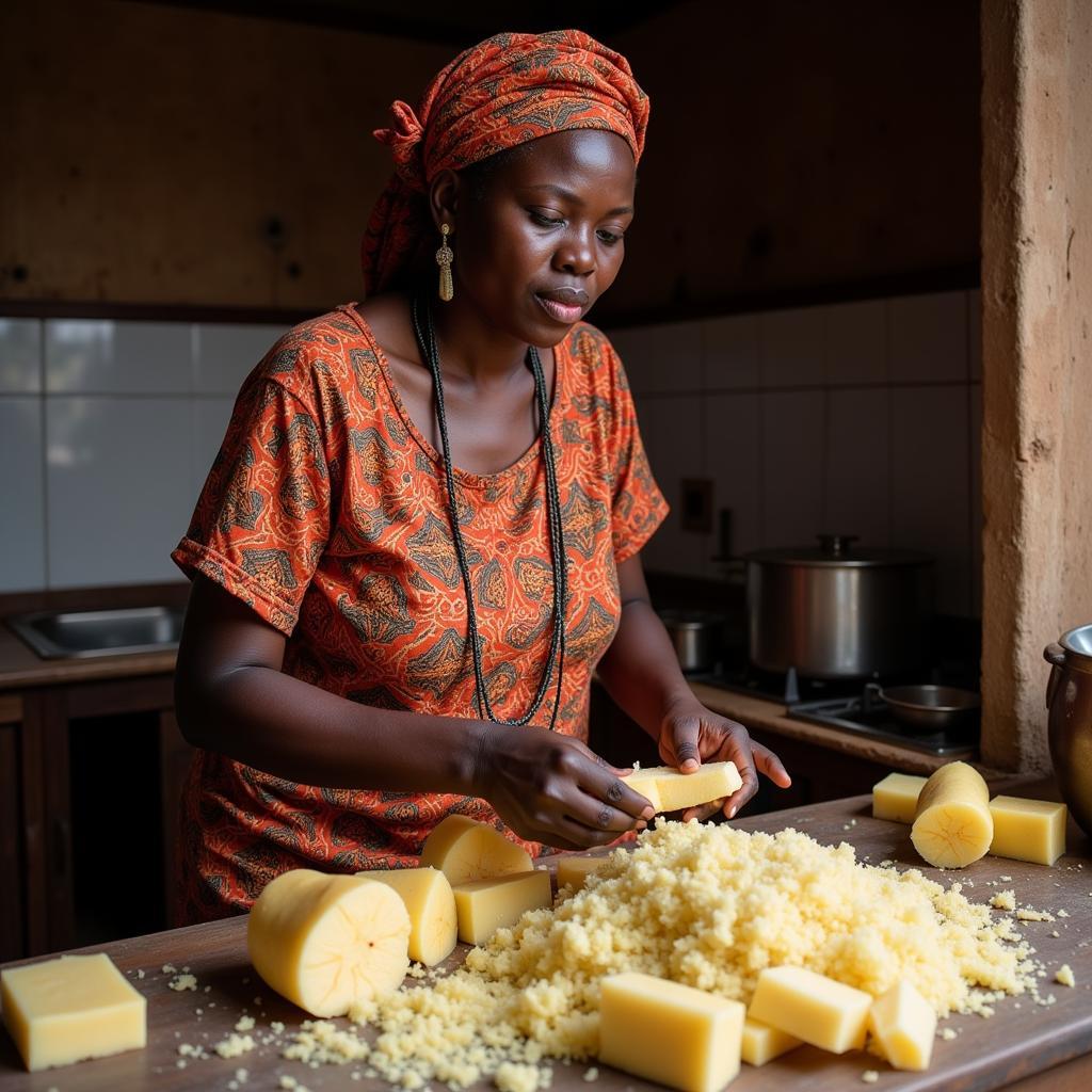 Preparing Cassava in a Traditional African Kitchen