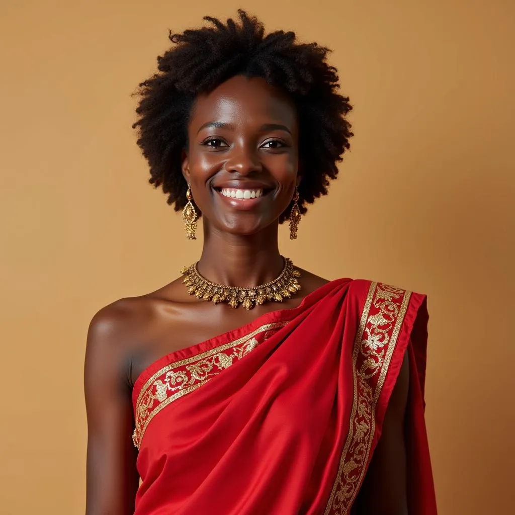 African woman in a red saree, smiling brightly