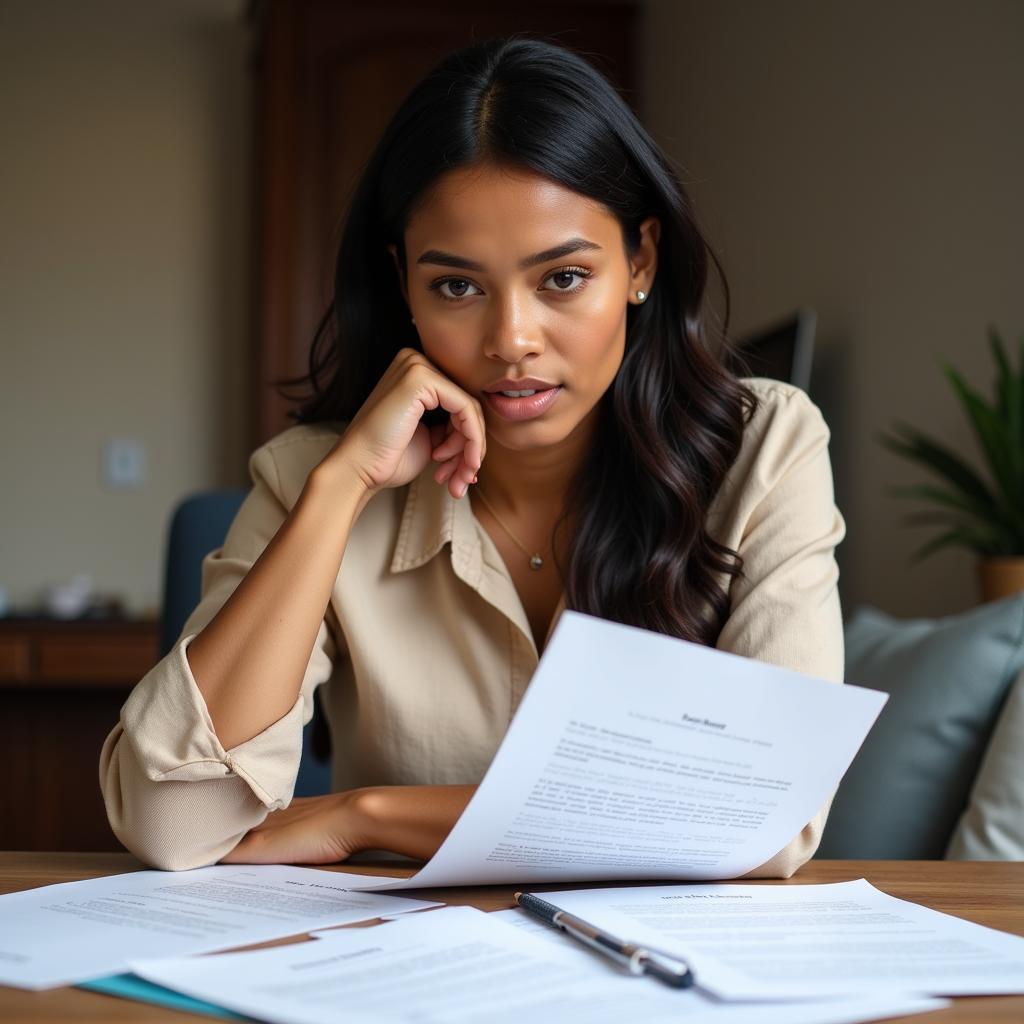 An African woman carefully reviewing loan settlement documents