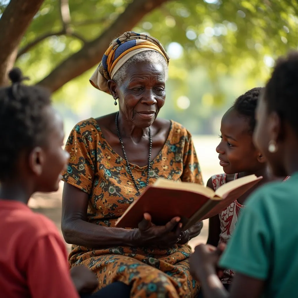 An African woman sharing traditional stories with children