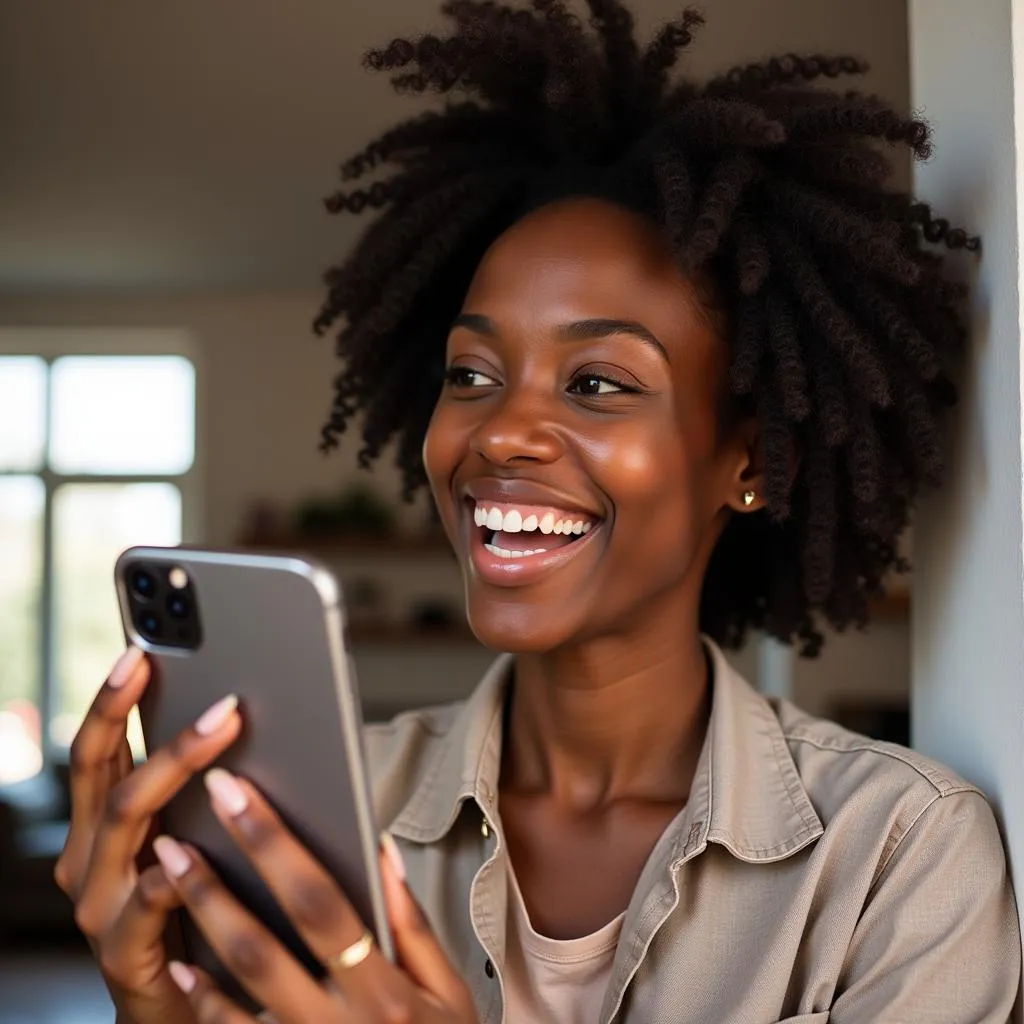 African woman smiling and holding a mobile phone