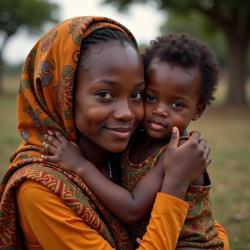 An African woman smiles warmly while holding a child