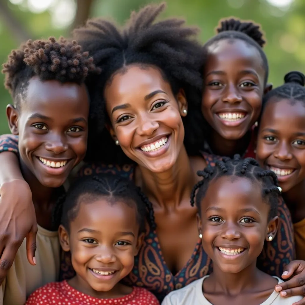 Smiling African Woman Surrounded by Family