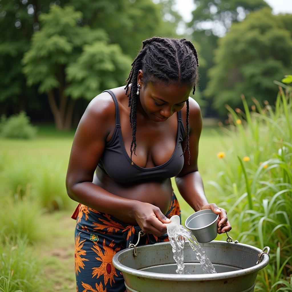 African Woman Taking a Bucket Bath Outdoors