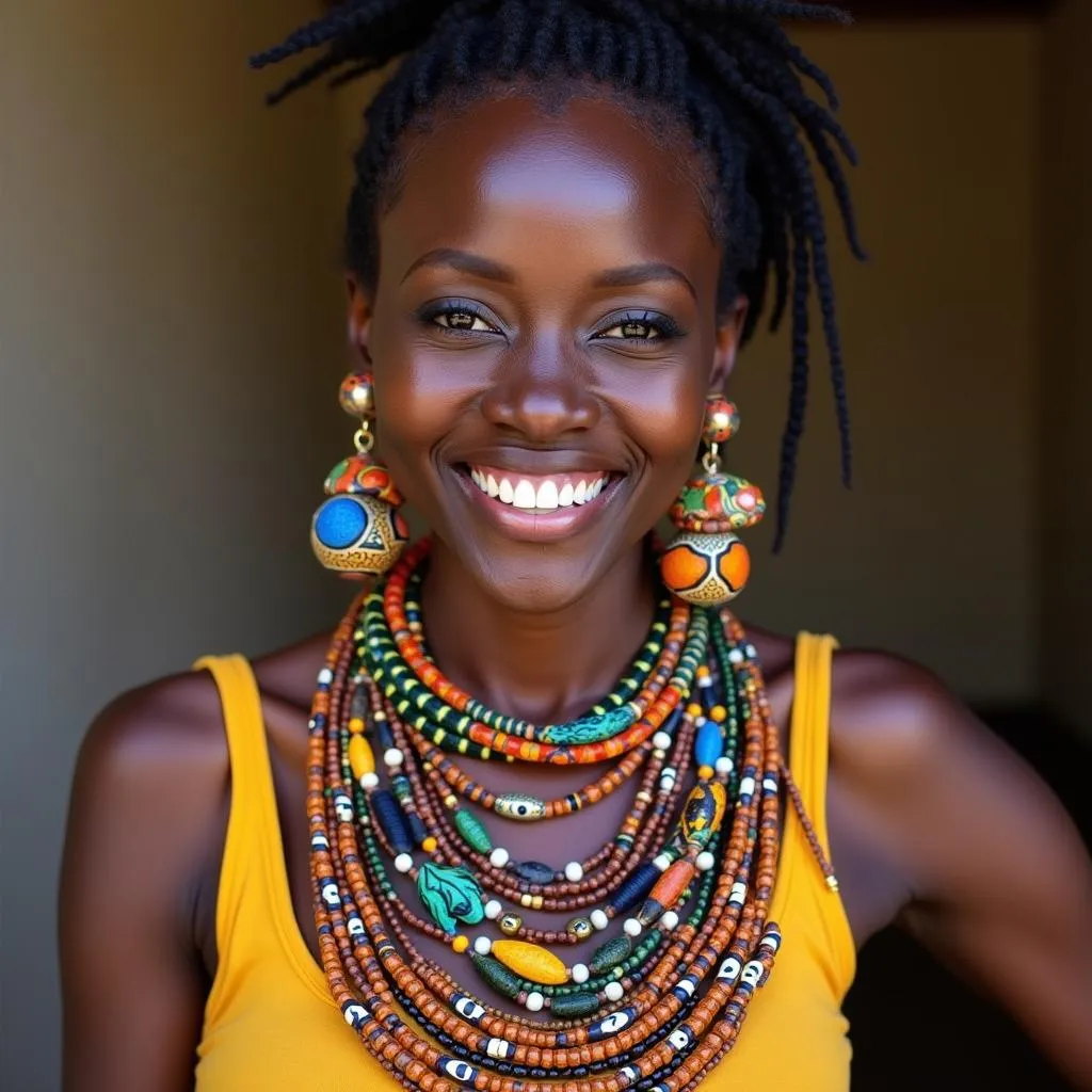 African woman wearing a variety of batik beads jewelry