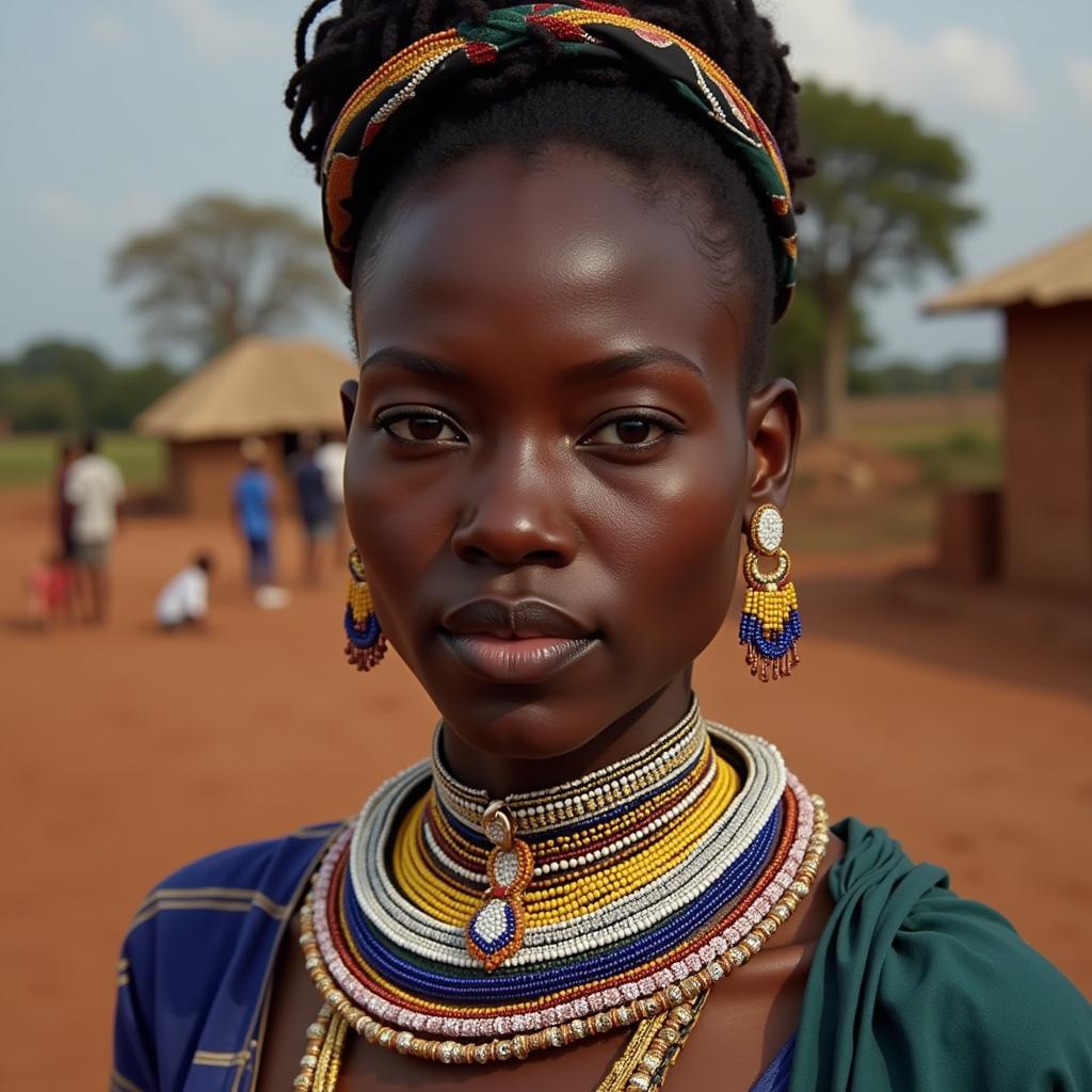 African Woman Wearing Traditional Beaded Necklace