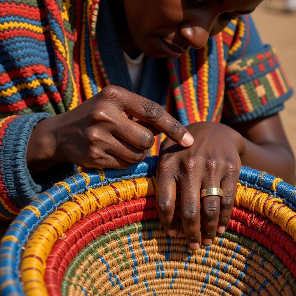 African woman weaving a basket with intricate patterns