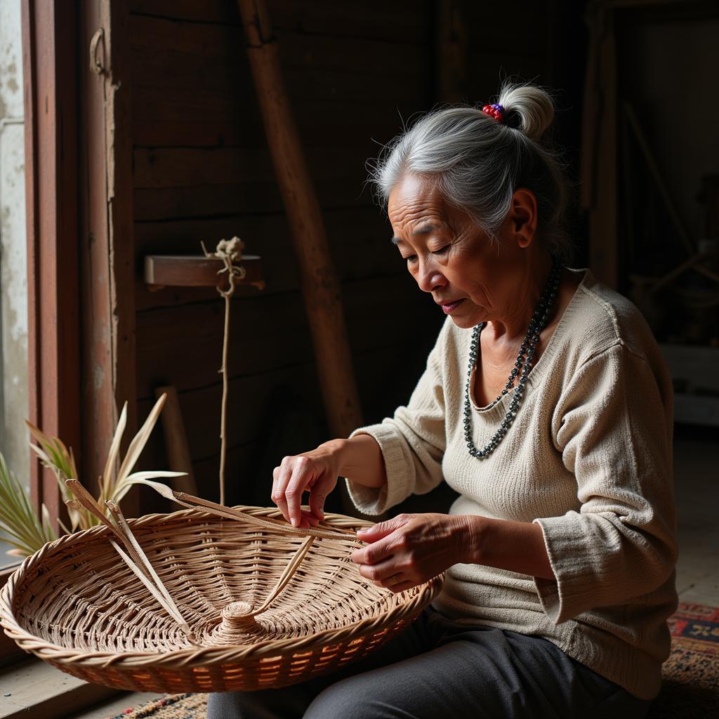 African Woman Weaving a Basket on a Traditional Loom