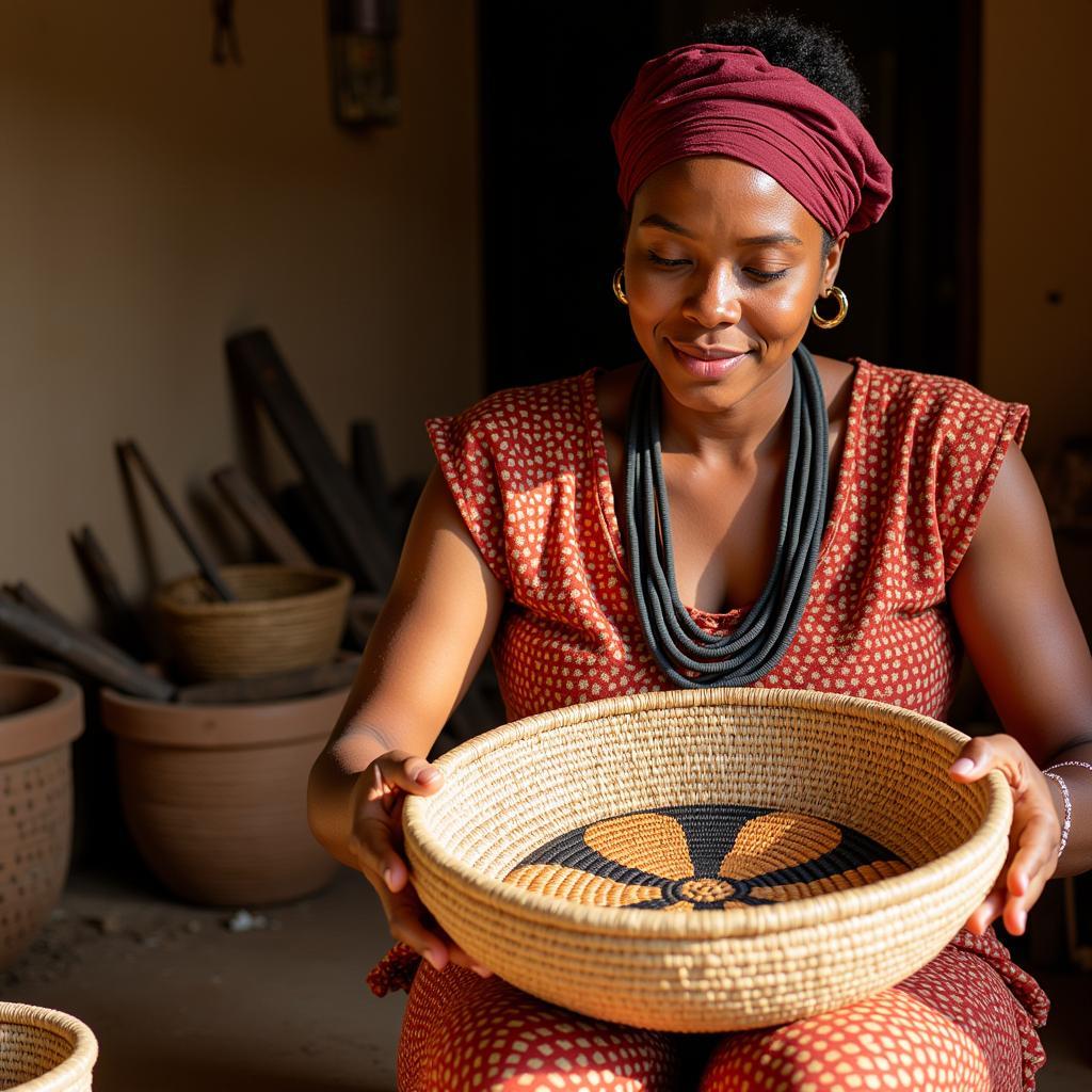 African Woman Weaving with Eight Petal Flower Pattern