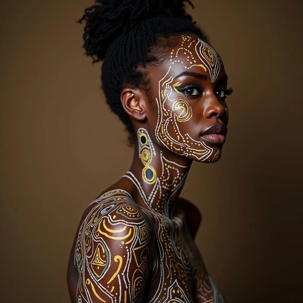 African woman adorned with intricate body paint