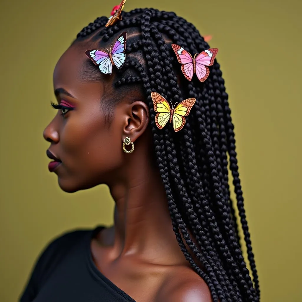 Woman with braided hair adorned with butterfly clips