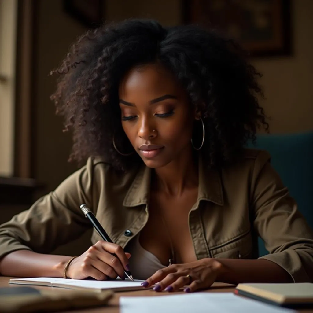 Woman writing in a notebook with a determined expression