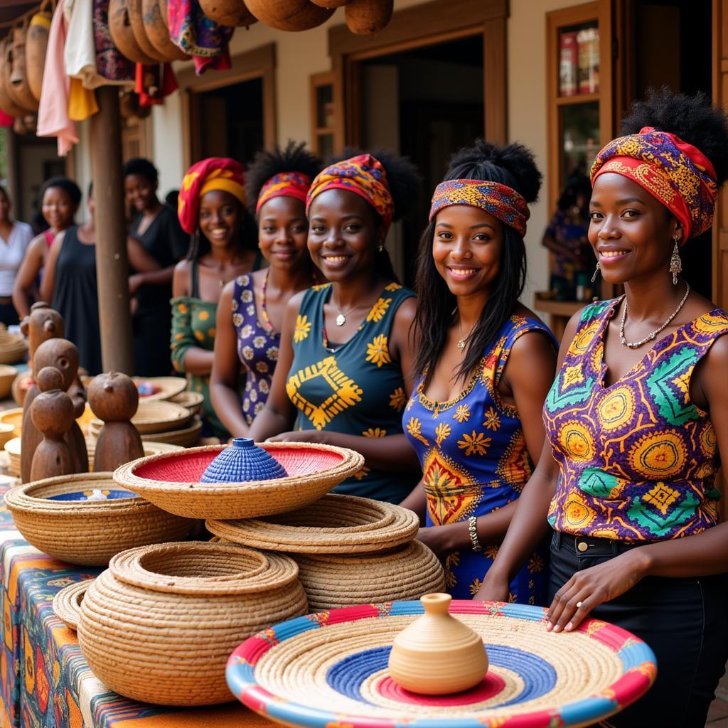 African women showcasing their art at a bustling local market, a vibrant display of cultural expression