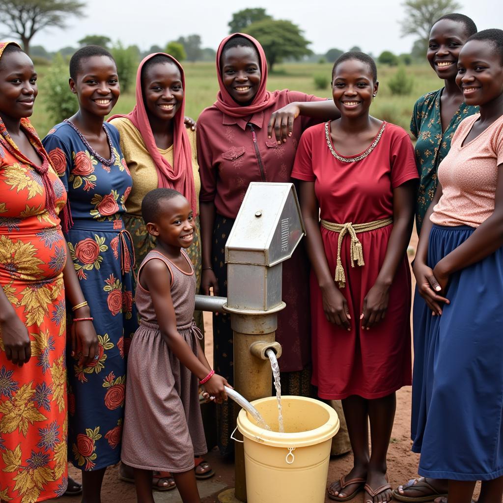 African women gather around a newly constructed water well, smiles on their faces.