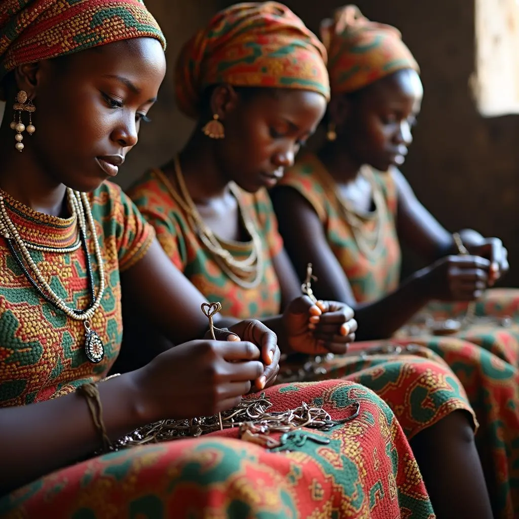 African women creating beaded jewelry