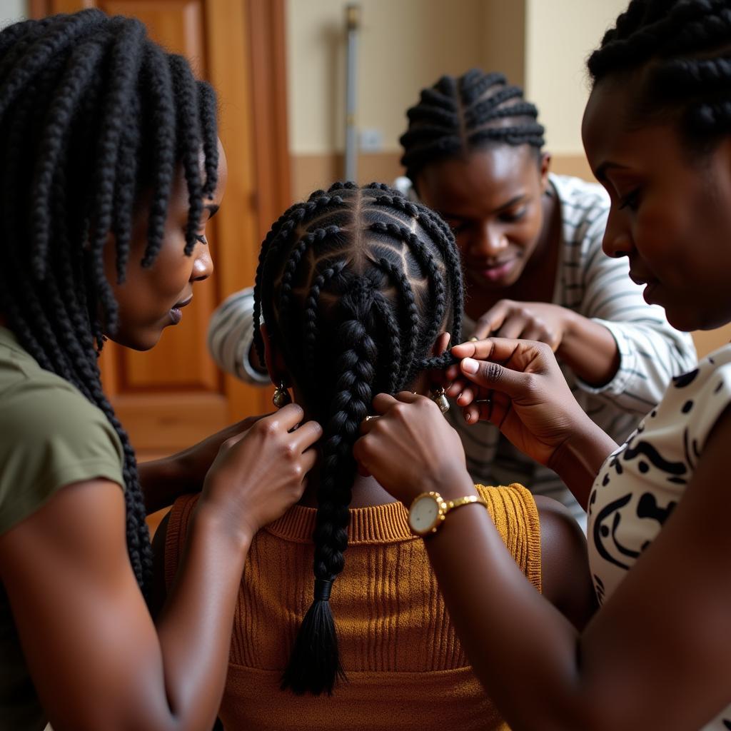 African Women Braiding Hair