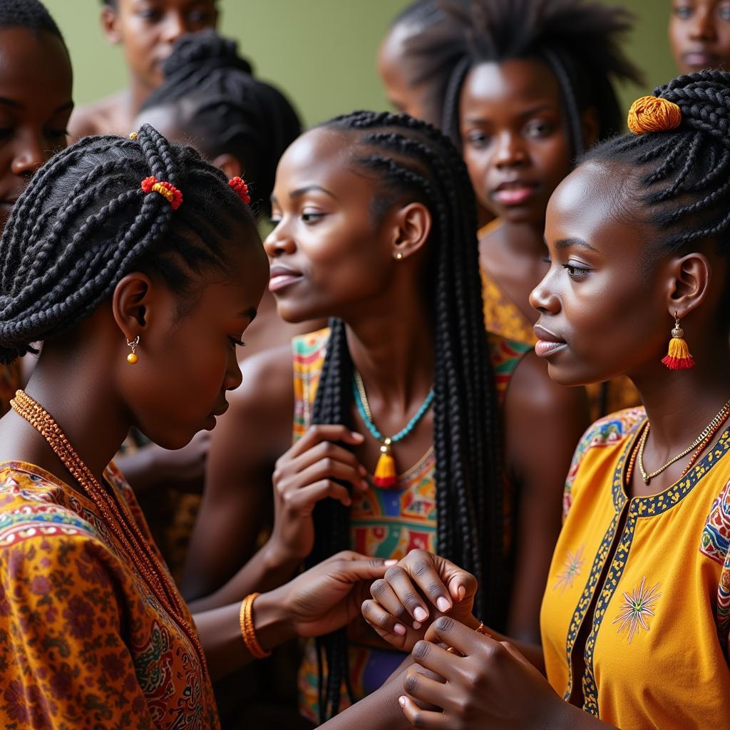 African Women Braiding Hair in a Village Setting