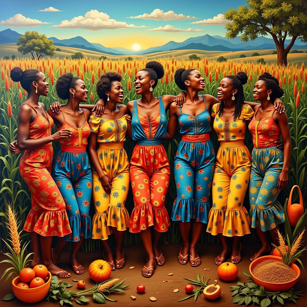 African women celebrating the harvest with singing and dancing