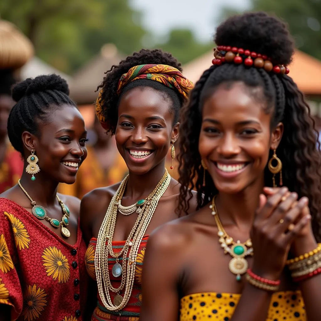 African women adorned in vibrant attire, celebrating their cultural heritage during a traditional ceremony.