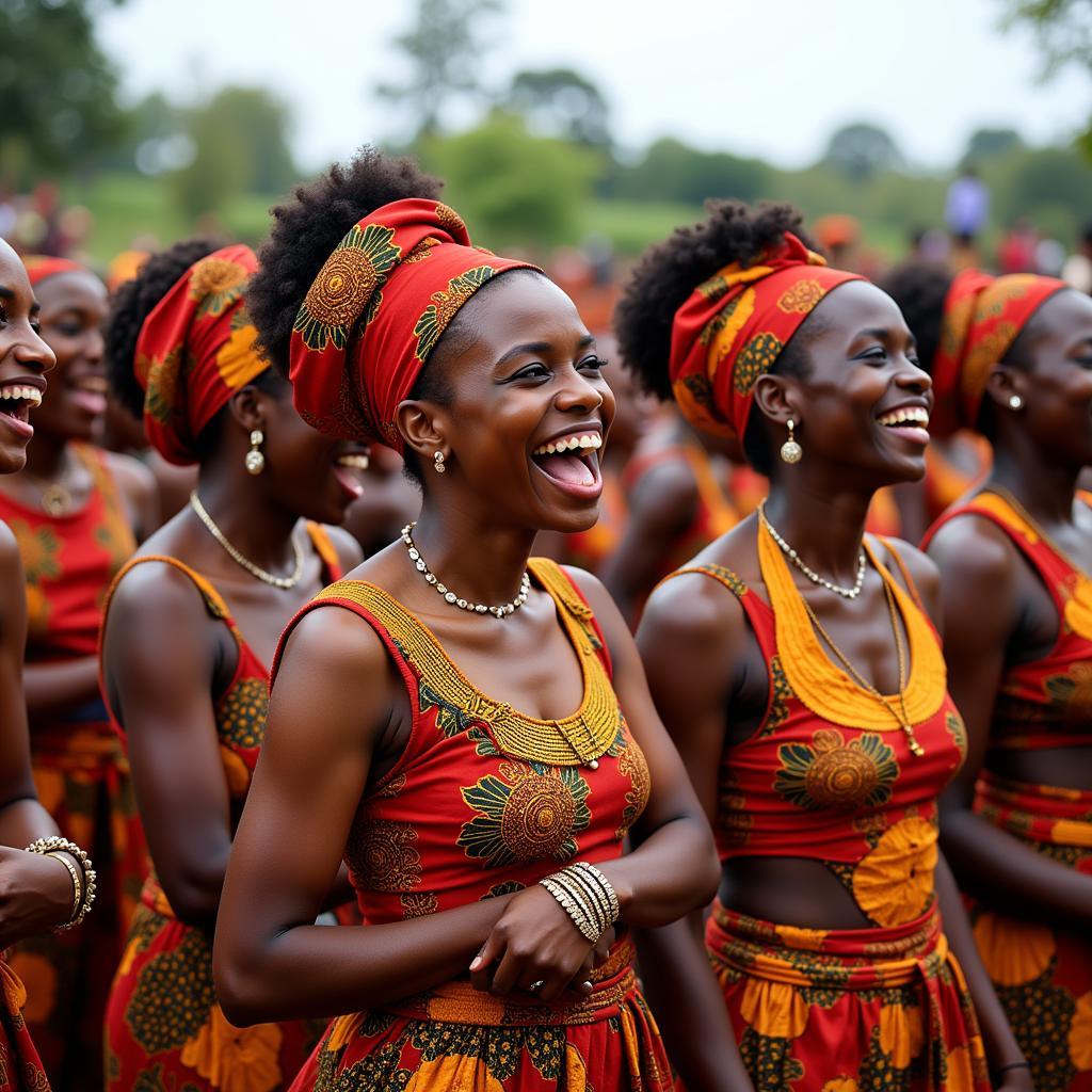 Women in colorful attire celebrating at a traditional African ceremony