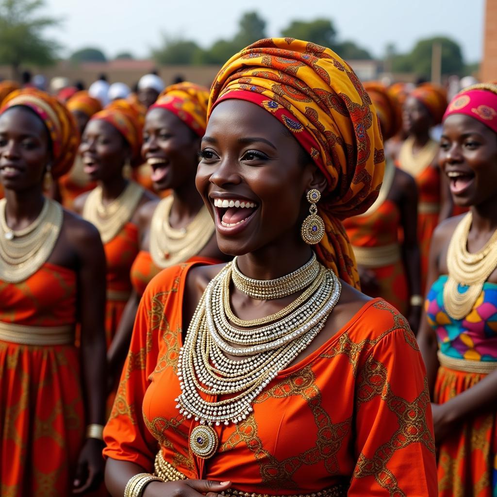 African women in vibrant attire celebrating a traditional ceremony