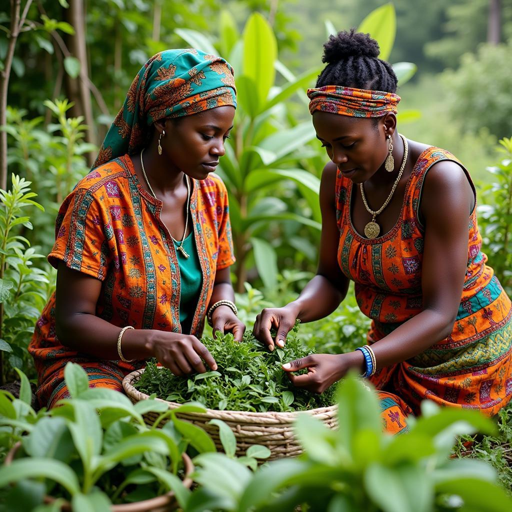 Women Collecting Herbs in a Traditional Medicine Garden