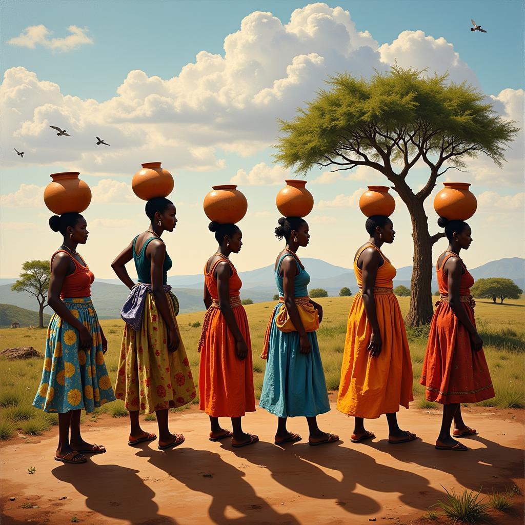 African Women Collecting Water Painting