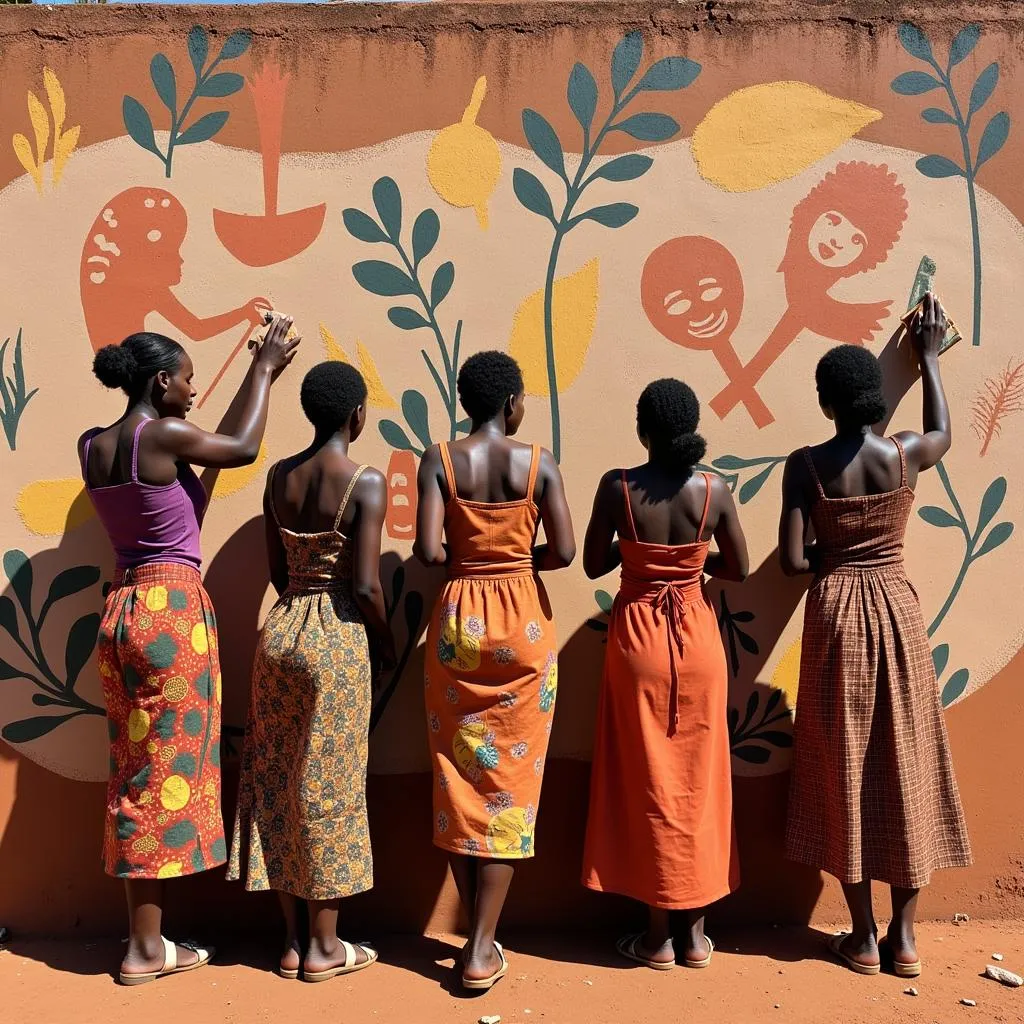 African women collaboratively creating a clay mural