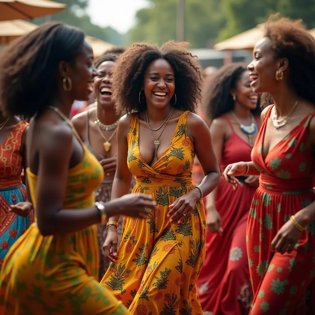 African women dancing in colorful traditional clothing during a vibrant cultural celebration